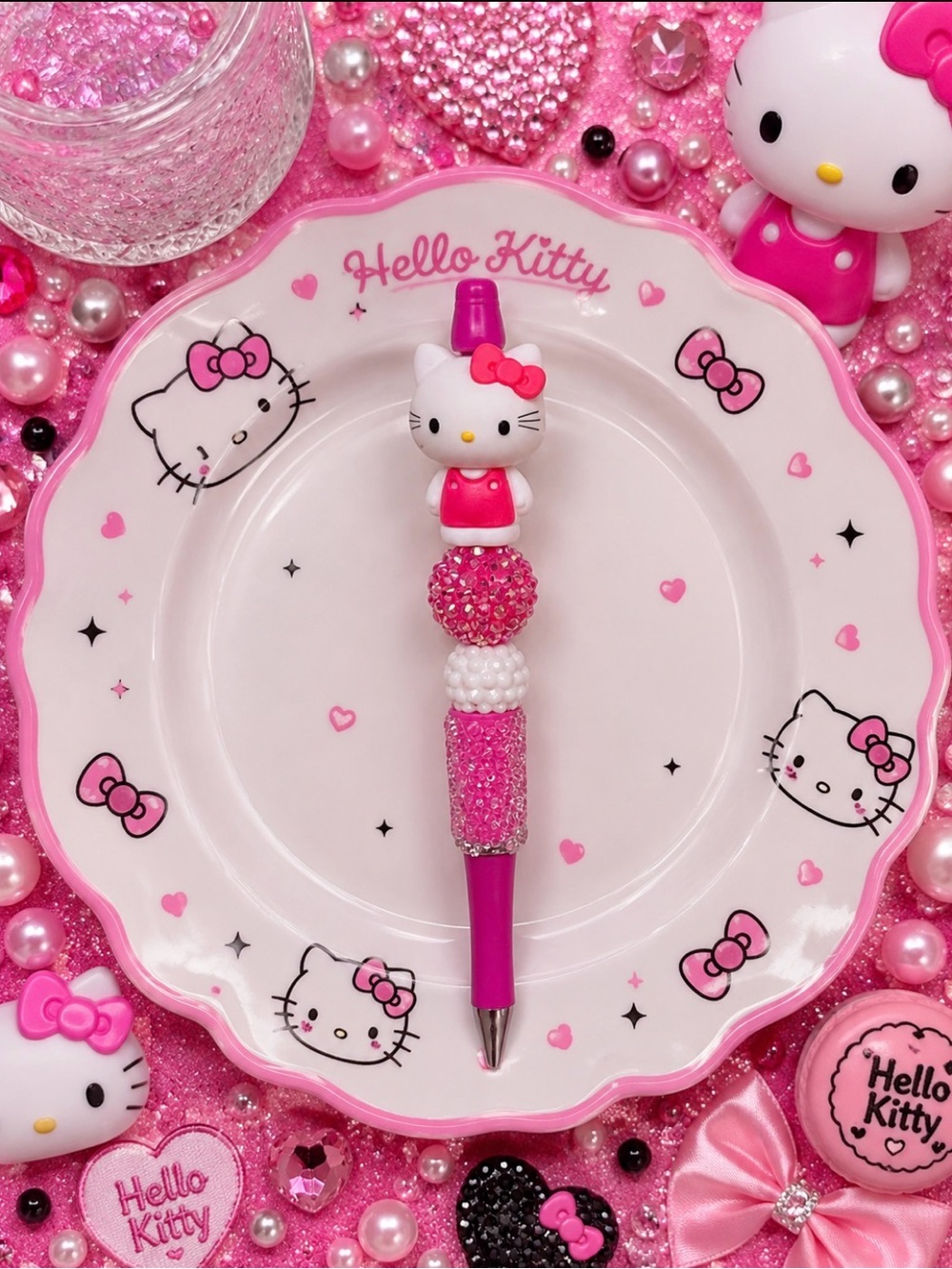 Handmade Kitty Pink and White Beaded Character Pen